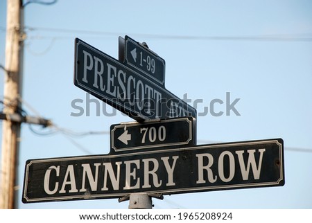 Street sign of Prescott Avenue and famous Cannery Row in Monterey, California Royalty-Free Stock Photo #1965208924
