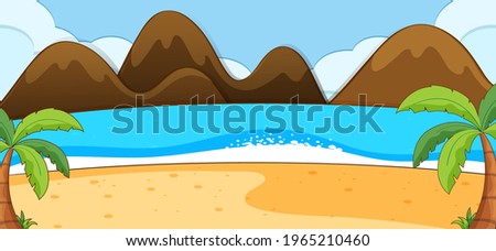 Empty beach scene with coconut trees and mountain in simple style illustration