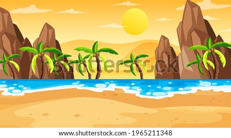 Tropical beach landscape scene at sunset time illustration