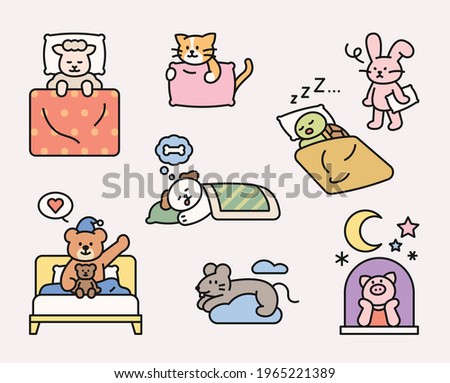 Cute animal characters are sleeping in various poses. flat design style minimal vector illustration.