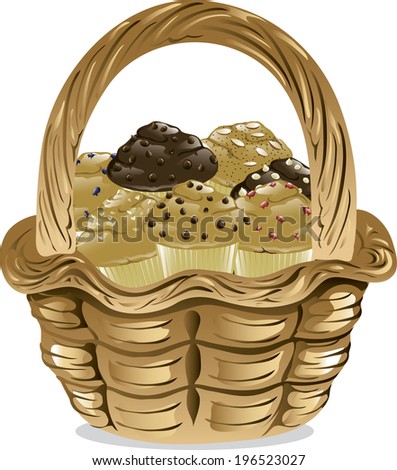 Illustration of a basket containing a variety of breakfast muffins.