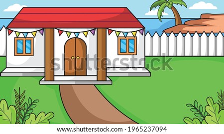 Background house in near sea and plant with beautifull nature.outdoor are another plant. With ramadan ornament muslim.Background muslim illustration vector.