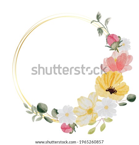 watercolor hand drawn colorful spring flower and green leaf bouquet wreath with gold frame isolated on white background digital painting