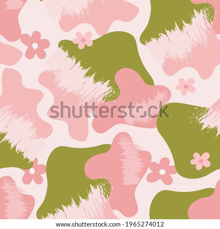 Modern abstract shapes with pink floral seamless vector pattern design.