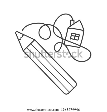 Pencil draws house. Drawing. Isolated on white background. Coloring book. Childhood doodle. Vector line illustration. Children's design. Clip art element. 