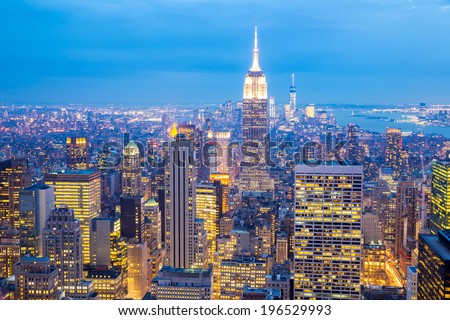 New York City skyline with urban skyscrapers at dusk, USA.