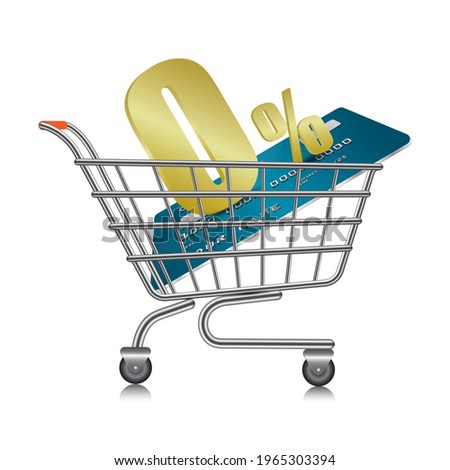 0% text and creditcart in shopping cart and shopping cart on white background,vector 3d isolated for financial business concept design