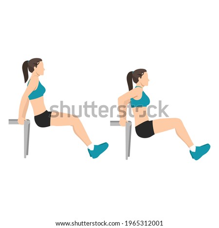 Woman doing bench tricep dips exercise flat vector illustration isolated on white background Royalty-Free Stock Photo #1965312001