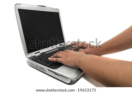 Laptop with hands on the keyboard against a white background
