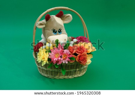 Plush cow. in a festive basket with beautiful flowers. for table decoration, holiday. plush bull. new Year. Christmas. on an isolated white background.