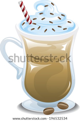 Illustration of a carafe of frozen coffee with whipped cream and chocolate sprinkles.