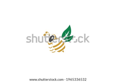 A bee symbol or logo that has wings from green leaves