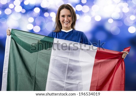 Female Italian fan celebrating on a blue lights background.
