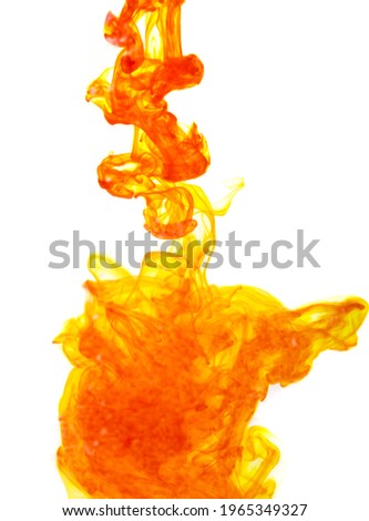 A yellow, orange cloud of ink in water isolated on a white background. Artistic design.Detail for design. Design elements. Macro.  Background for business cards, postcards and posters.
