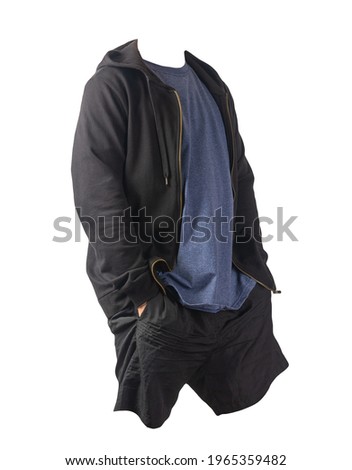 black sweatshirt with iron zipper hoodie,vintage heather navy  t-shirt and black sports shorts isolated on white background. casual sportswear