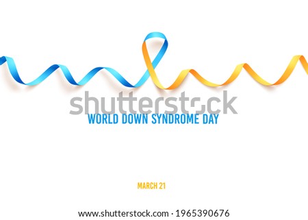 Blue yellow ribbon over white background. Template symbol for World down syndrome day. Poster for March 21. illustration.