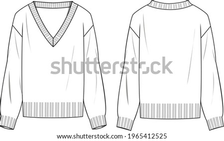 Women's V-Neck Basic Sweater. Sweater technical fashion illustration. Flat apparel sweater template front and back, white colour. Women's CAD mock-up. Royalty-Free Stock Photo #1965412525