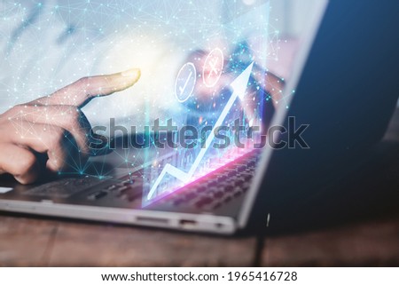 Close up photo of man's hand typing press purchase share online business on laptop computer keyboard on table at home Work frome hoome concept
