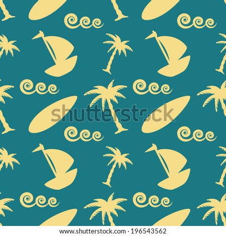 Seamless pattern with tropical coconut palm trees, waves, surf board, yacht.