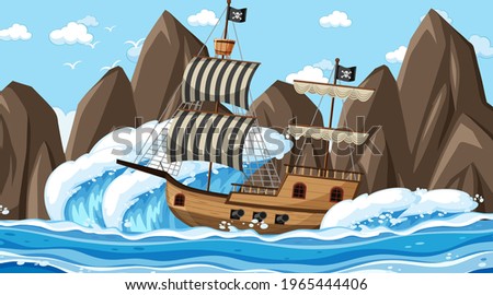 Ocean with Pirate ship at day time scene in cartoon style illustration