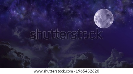 Moon stars and dark sky night banner - dark blue starry deep space background fading into dark night sky with clouds and blue moon on right side with plenty of space for messages
