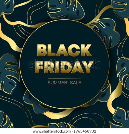 Black Friday summer sale. Layout of a poster, banner or flyer for a store. Flat vector illustration with exotic leaves.