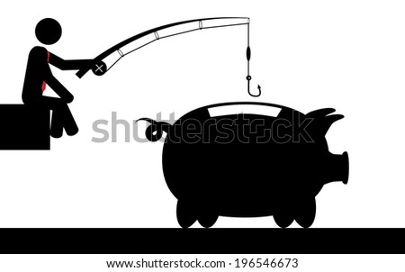 Vector / illustration of a man that is fishing for money in a piggy bank.