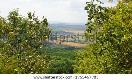 Panoramic view of Madara valley and village from Madara Fortress located on the top of Madara plateau. National Historical-Archeological Reserve "Madara". Bulgaria.
