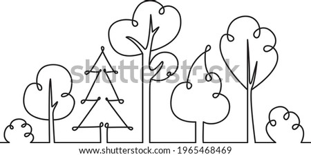 A set of stylized trees drawn with a single line. Vector coloring book with trees and bushes. Design of a single line silhouette of trees.