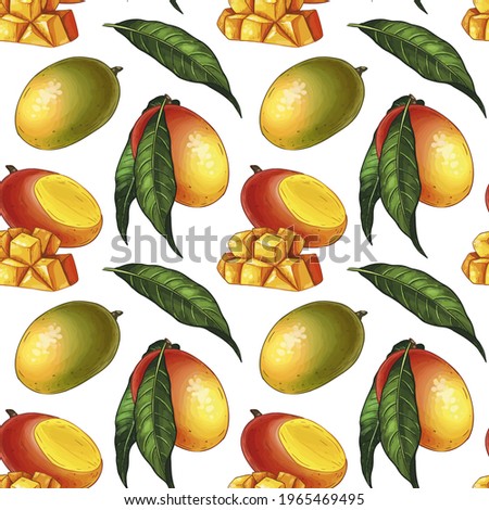 Exotic mango seamless pattern. Design with hand drawn illustration of mango with leaves and mango slices. Can be used for printing on fabric, paper, clothes, wallpapers
