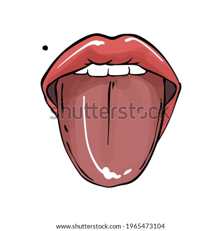 Women lips with tongue out , mouth with red lips tshirt print in vector 