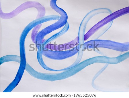 Blue, blue and purple ribbons, painted on paper in watercolor.