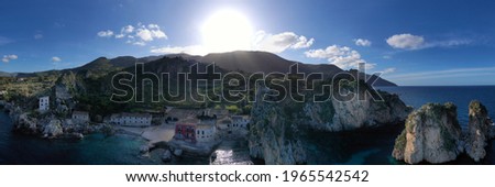 180 degrees photo of the trap of Scopello. It is one of the most important and ancient in all of Sicily. Blue sea with the stacks. Relax in Sicily. One of the most beautiful bays in Italy.