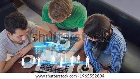 Composition of screen with data processing over business people using laptop. global technology, data processing and digital interface concept digitally generated image.