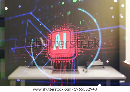 Double exposure of creative artificial Intelligence abbreviation and modern desk with computer on background. Future technology and AI concept