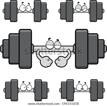 Illustrated set of cartoon free weights with various expressions. 