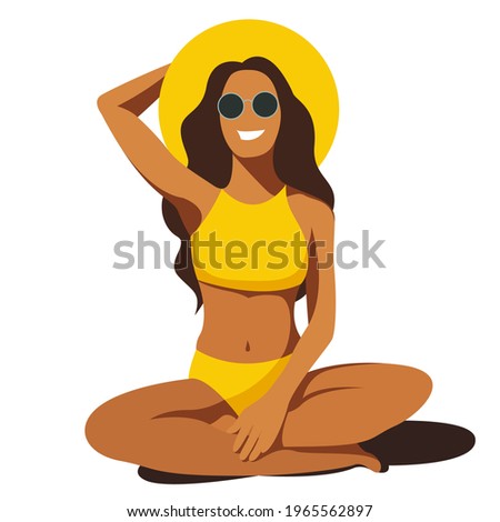 vector flat design trendy illustration on the theme of summer holidays. tanned young smiling girl in yellow swimsuit,sunglasses and hat sits in lotus position on the beach isolated on white background