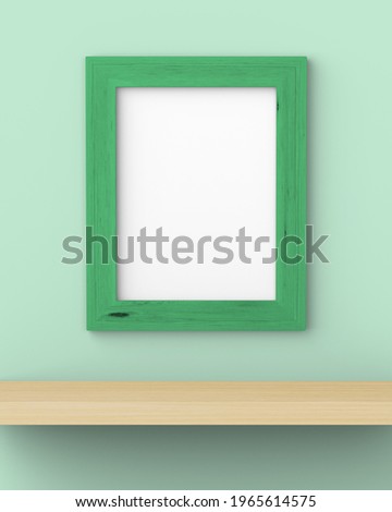 mockup of green wooden picture frame and shelf