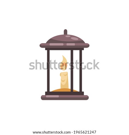 Old library interior composition with isolated image of burning candle inside vintage lamp case vector illustration