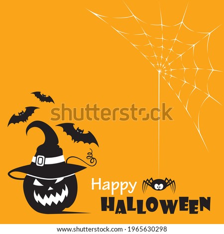 background with halloween pumpkin, spider and flying bats isolated on orange background