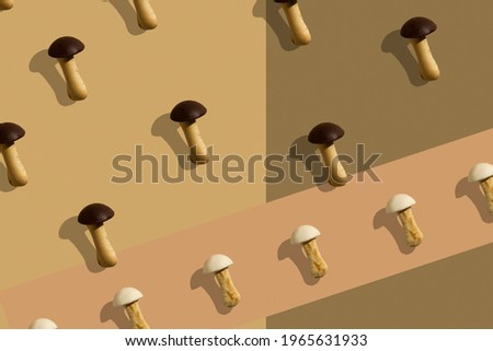 Mushroom cookies seamless pattern on a beige background. Minimalism background.