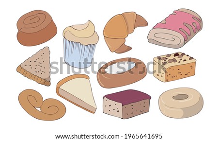 Set of various desserts, pastries and sweets. Elements isolated on white for restaurant and cafe menu decoration. Color vector illustration