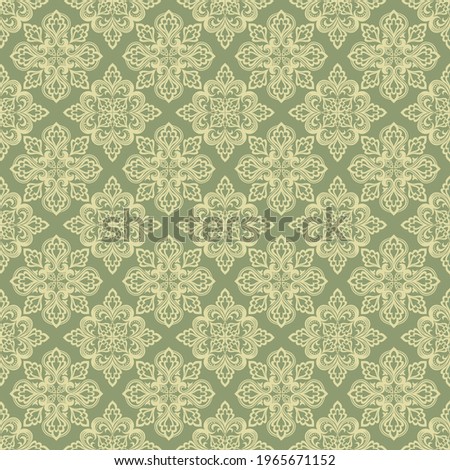 Seamless green background with olive pattern in baroque style. Vector retro illustration. Ideal for printing on fabric or paper for wallpapers, textile, wrapping. 
