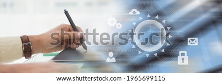 Cropped image of woman hand writing on a notepad at desk in office. with digital office interface concept background. digitally generated image.