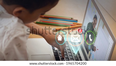 Composition of digital call icons over male teacher and schoolboy on laptop online lesson. global networking, education, communication and technology concept digitally generated image.