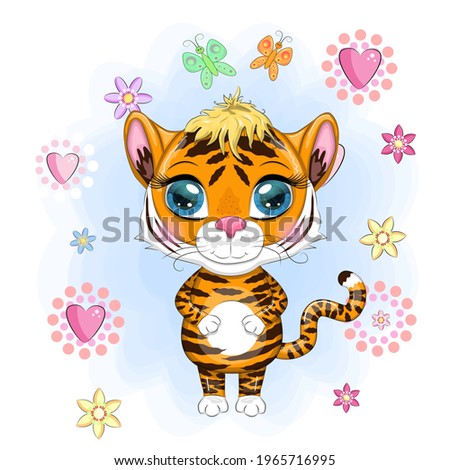 Cute cartoon tiger with beautiful eyes, bright, orange. Illustrations for Chinese New Year 2022, year of the Tiger. Lunar new year 2022.