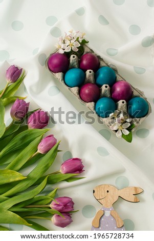 Easter eggs bunny and tulips 