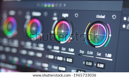 Color grading indicator graph on screen. RGB colour correction graphic bar on monitor in post production process. Telecine stage in video or film production processing. for colorist digital grading.
