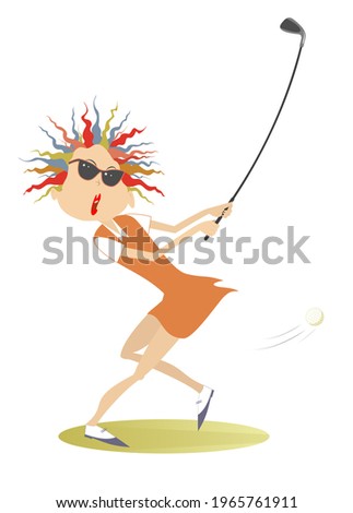 Young golfer woman on the golf course illustration. Cartoon golfer woman in sunglasses aiming to do a good kick isolated on white