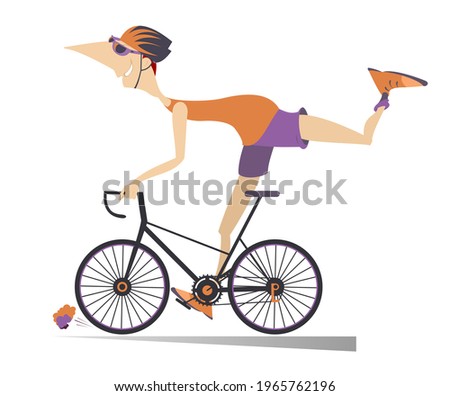 
Comic young man rides a bike illustration. 
Smiling man in helmet and sunglasses rides a bike and looks healthy and happy isolated on white
